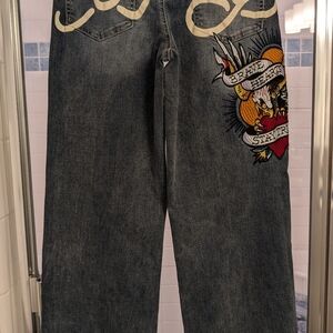 Women's size 28 Ed Hardy "Brave Eagle" wide leg jeans. NWT